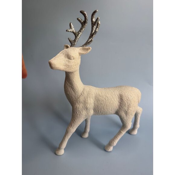 Glittery White Flocked Reindeer Figurine With Silver Antlers - Picture 3 of 8